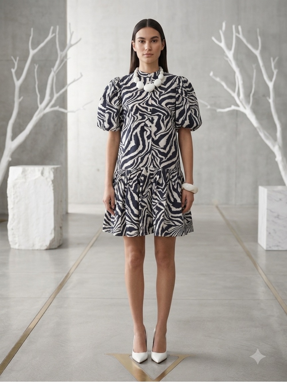 PINCH Zebra Print Puff Sleeve  Medium dark navy White Drop Waist Tunic dress